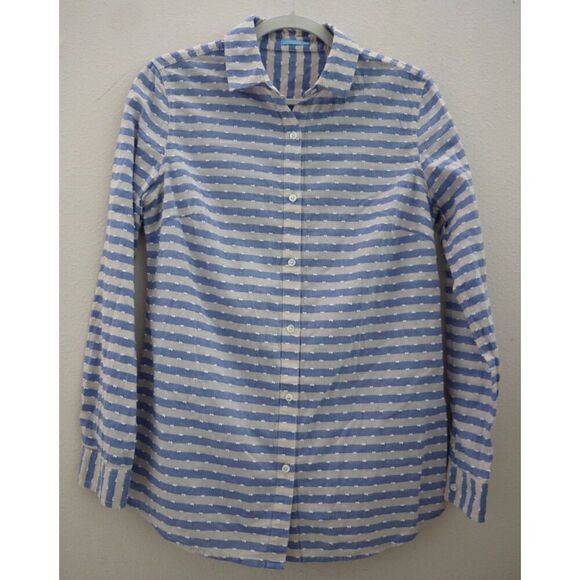 J. McLaughlin Women's Sz S Blue/Cream Striped Swiss Dot Button-Up L/S Shirt - Picture 1 of 6